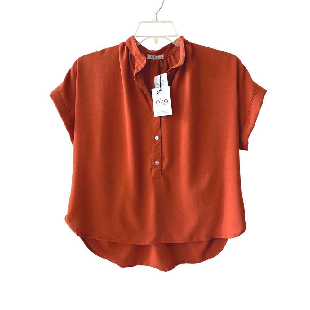 NWT $132 OKO Canyon Orange Rio Slub Boho Minimalist Mandarin Collar Top Sz XS